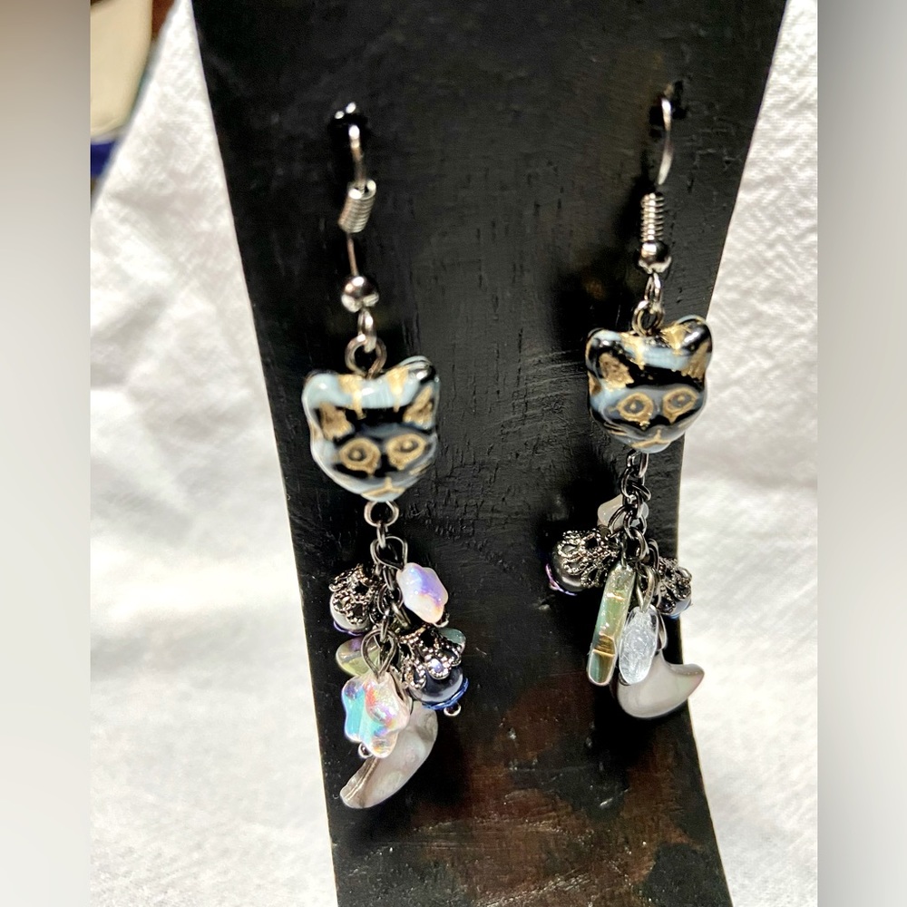 Gray Tabby Kitty Earrings Stars Moon Mother of Pearl Hand Made